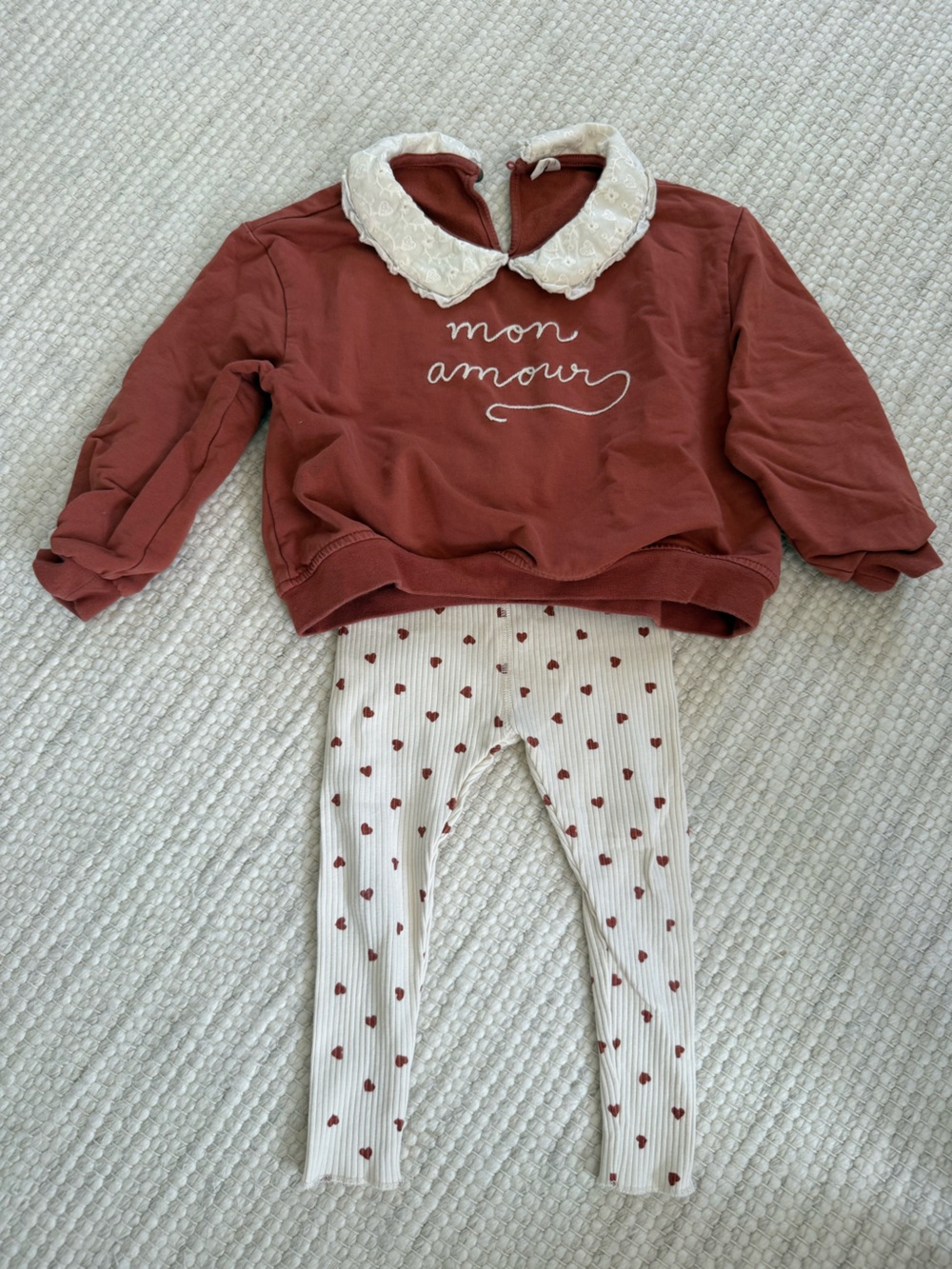 Quincy Mae Rust Red Sweatshirt and Cream Heart Leggings Set